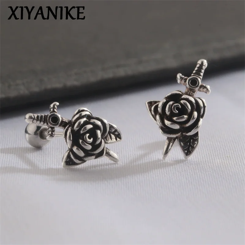 XIYANIKE Punk Gothic Thai Silver Rose Flower Sword Screw Stud