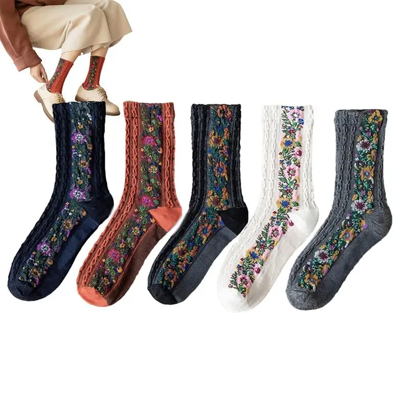 

Floral Retro Style Novelty Cotton Socks 5pairs/set Embroidered Socks For Women Winter Soft Warm Winter Crew Socks Thick Socks