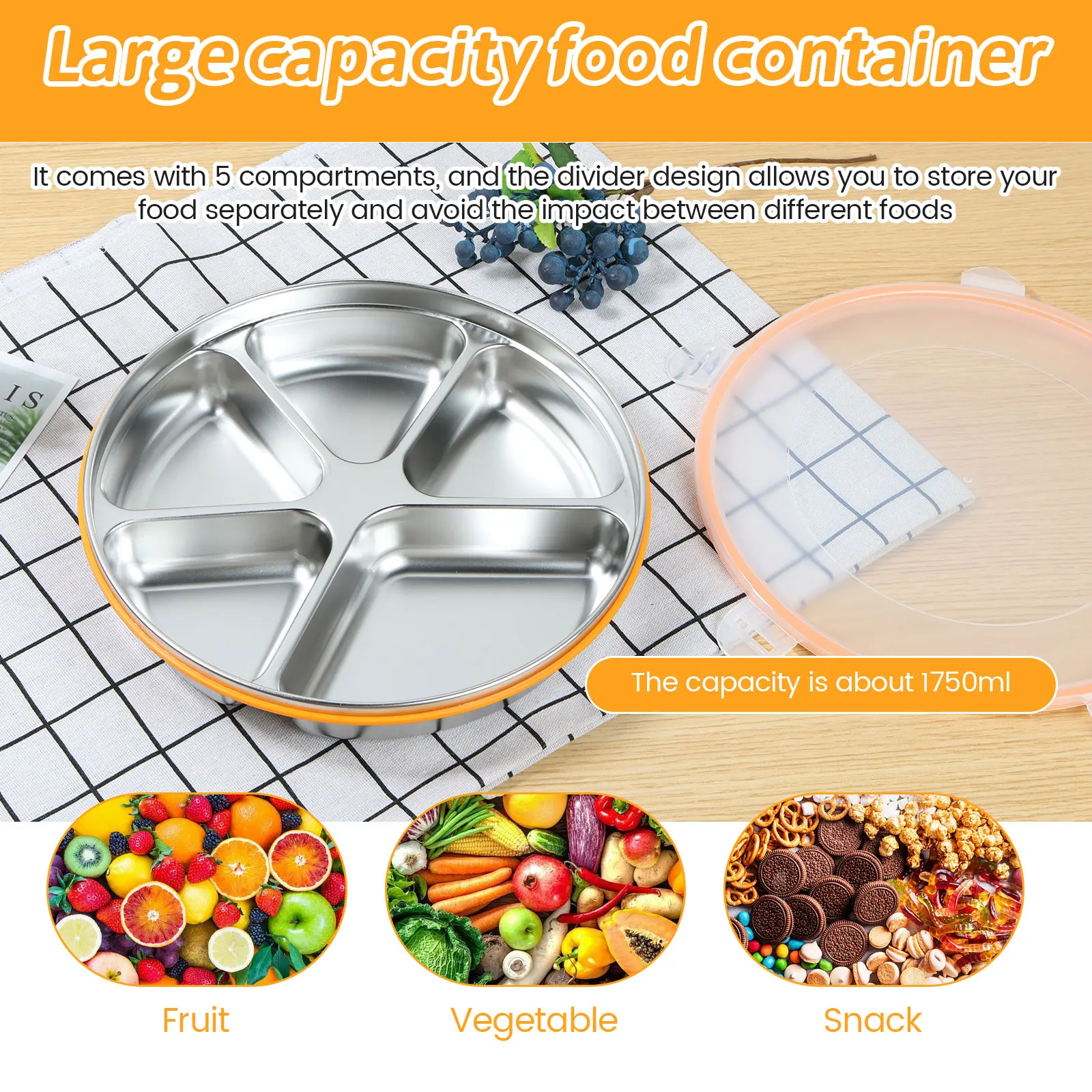 Divided Serving Tray with Sealing Lid 5 Compartments Snack Tray Temperature Resistant Snack Platters Organizer 1750ml Large