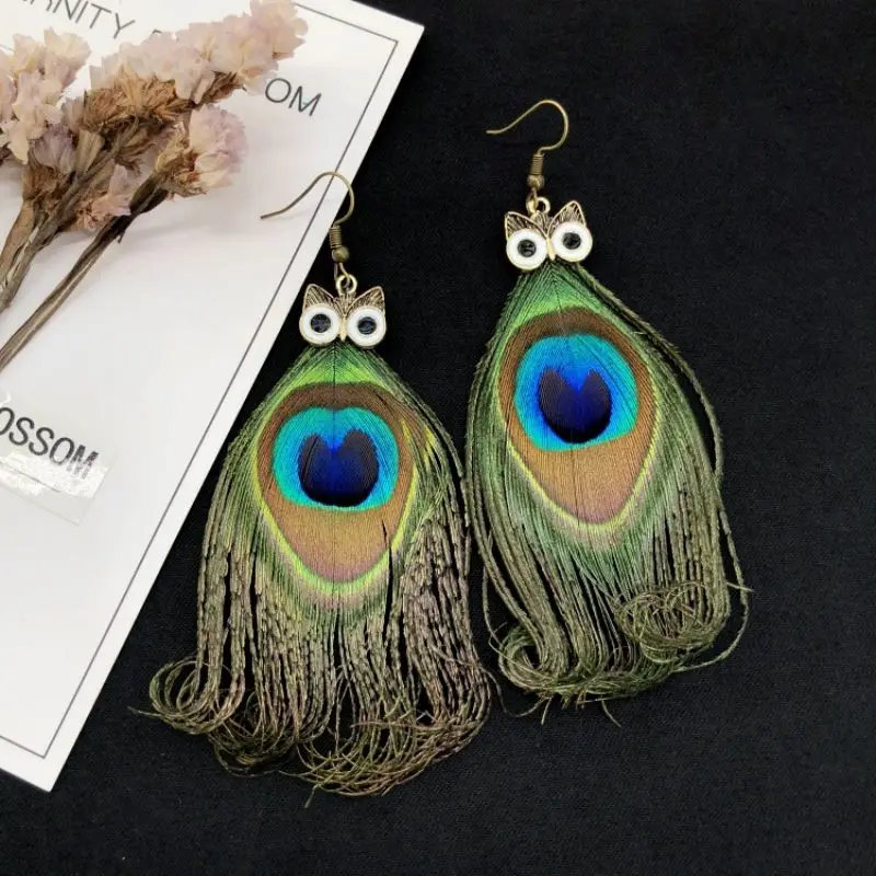 Unique Owl Earrings Creative Imitation Peacock Feathers Tassel Earrings Vintage Exaggerate Boho Earrings Statement Jewelry 2024