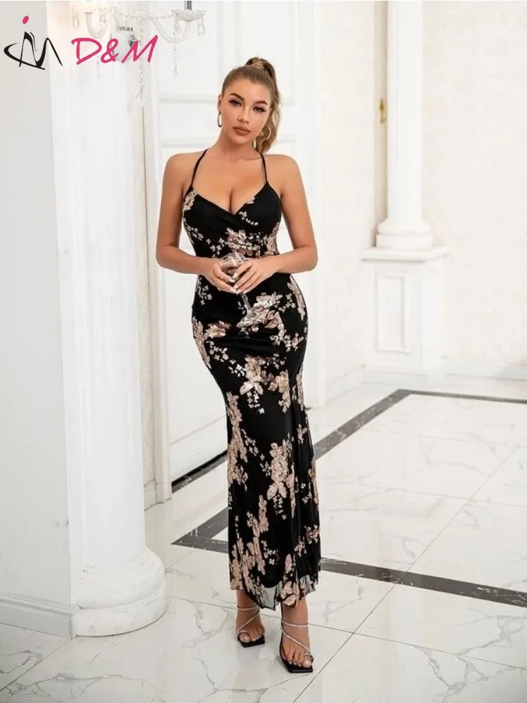 D&M Brand Traf Female Dress Floral Sequin Criss-cross Tie Backless Split Thigh Cami Dress Part Dresses Vestidos Para Mujer