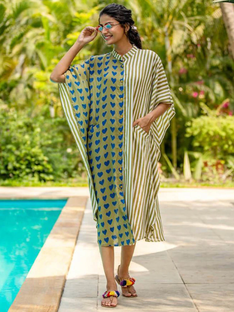 

Beach Shirt Swimsuit Cover Ups Striped Heart Patchwork Kaftans for Women Stand Collar Maxi Dresses Pareos De Playa Mujer