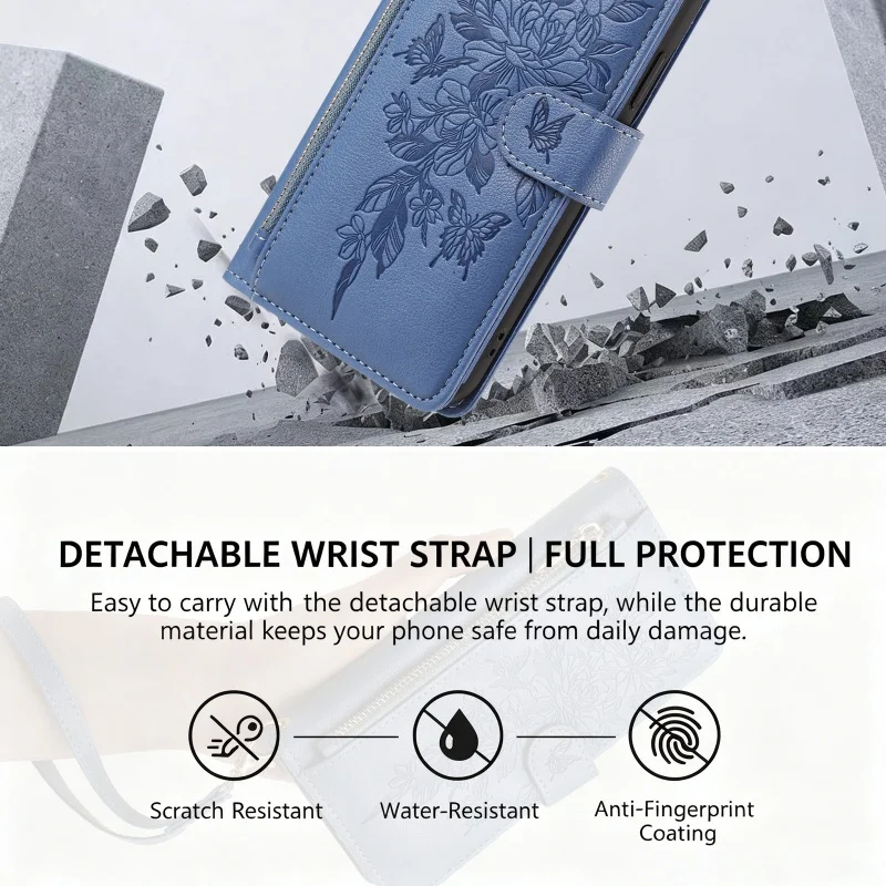 Elegant Pattern Leather Zipper Wallet Phone Case with Wrist Strap and Card Holder Cover
