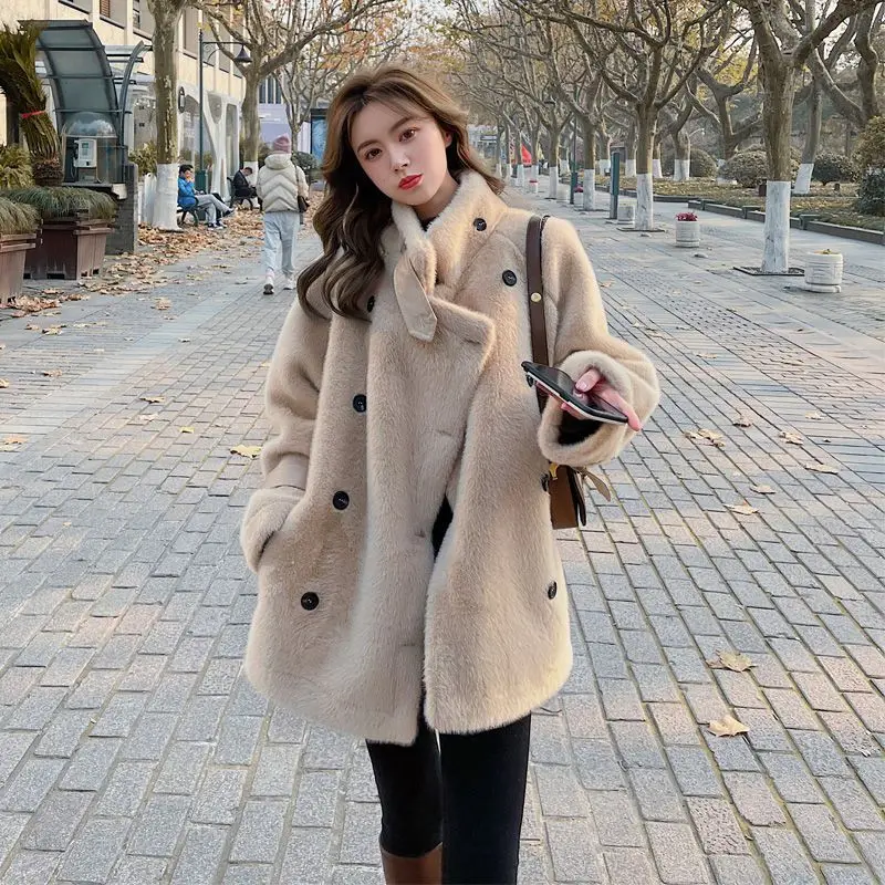 Autumn And Winter 2023 New Style Imitation Mink Wool Thickened Fur One-piece Lamb Wool Loose Skinny Coat For Women