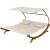 Outdoor Patio Lounge Daybed Hammock with Adjustable Shade Canopy, Teak Hammocks 2