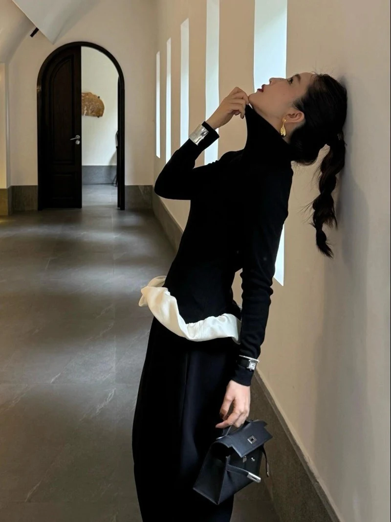 Vintage Black Turtleneck Sweater Women Ruffles Patchwork Knitted Pullovers Korean Elegant Knitwears Autumn Winter Design Jumpers