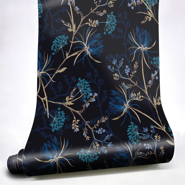Papel de Parede Floral Impermeável Botânico Flor Padrão Sala Parede Decalque Móveis Fundo Escuro Faça Você Mesmo Decorativa