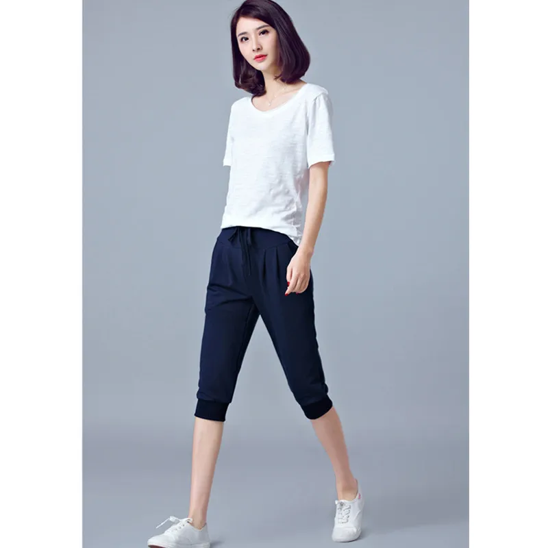 Women Blue High-waisted Stretch Cropped Pants, Summer Gray Lightweight Athletic Harem Pants, Black Drawstring Shorts. 5