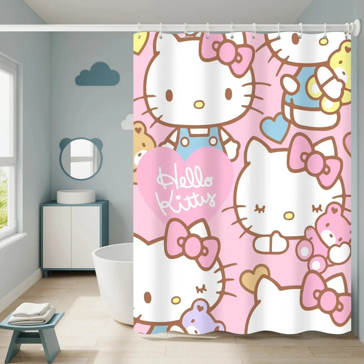 

Sanrio Hello Kitty Cute Kawaii Cartoon Shower Curtains Bathroom Curtain Waterproof with Hooks Anime Bathroom Decoration Curtain