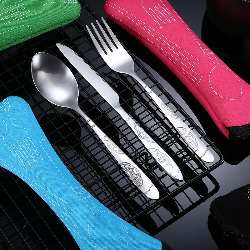 3pcs/7pcs Set  Dinnerware Portable Printed Stainless Steel Spoon Fork Steak Knife Set Travel Cutlery Tableware with Bag