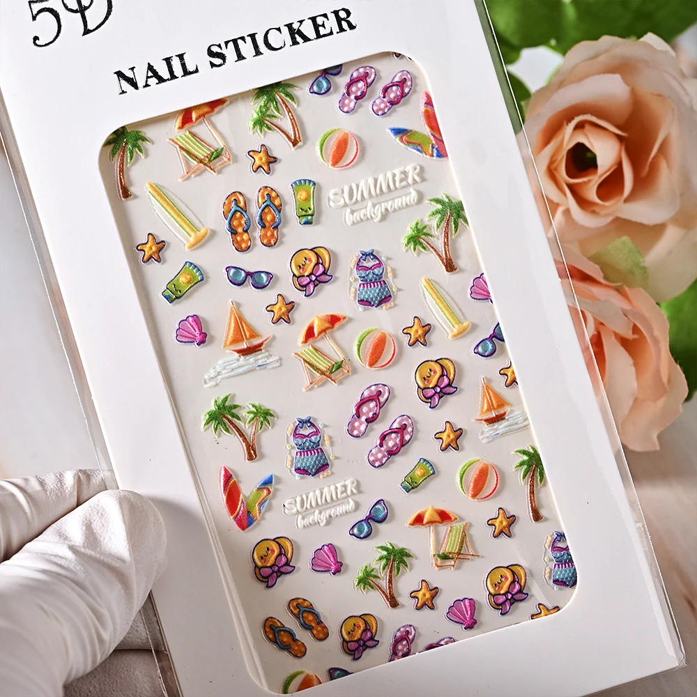 Summer Theme 5D Nail Sticker Cartoon Coconut Sandal Sunglasses Starshell Slider Decals Self-Adhesive Nail Art Decoration Sticker