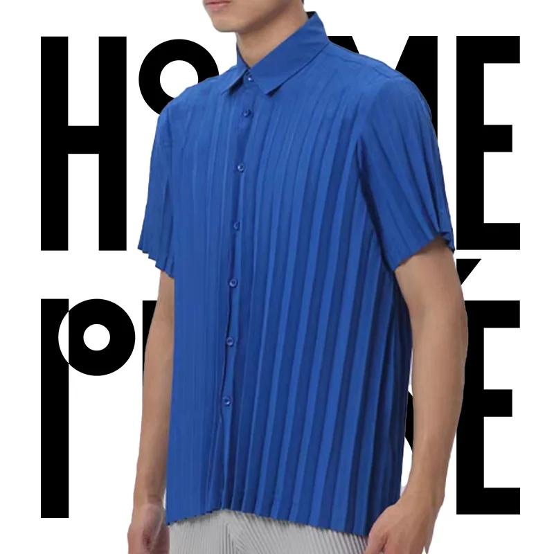 Men Summer Shirt Short Sleeve Lapel Pleats Pleated Solid Color Business Casual Blouse Short Jacket