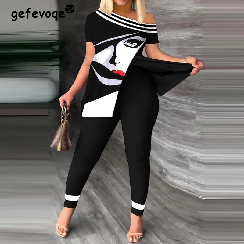 

Two Pieces Set for Women Summer Fashion Sexy Off Shoulder Slit Printed Short Sleeve Top Skinny High Waist Leggings Pants Outfits