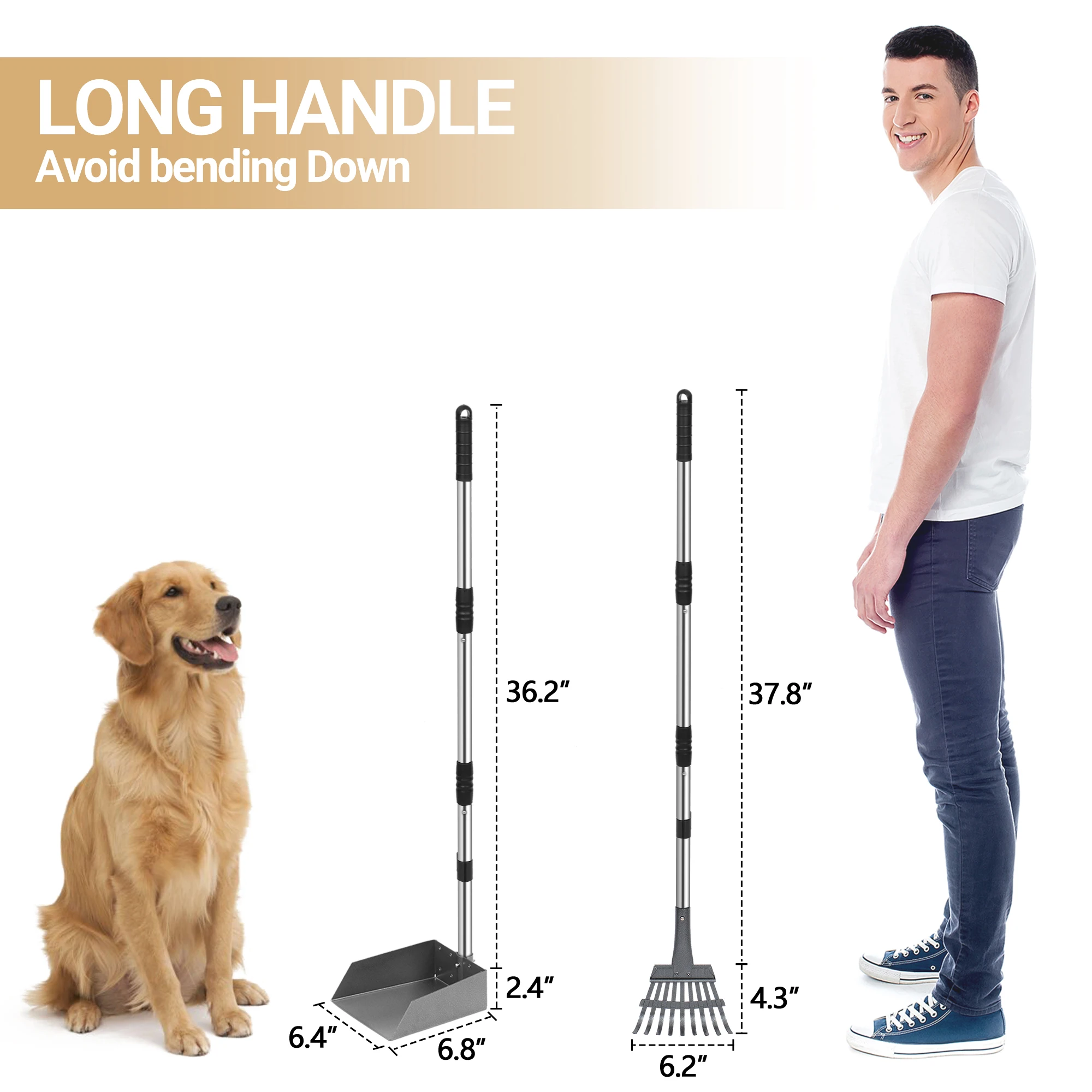 Dog Pooper Scooper, Dog Poop Tray and Rake Set 3