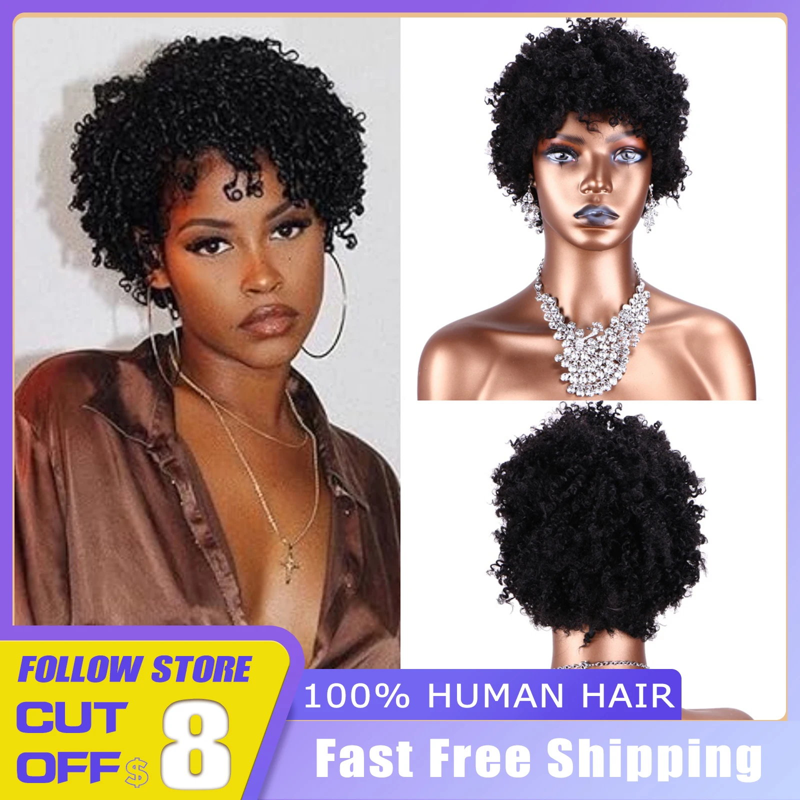 

Short Curly Wigs Black Pixie Cut Human Hair Daily Human Hair Wigs for Black Women Afro Wig Natural Party Machine Made Human Hair