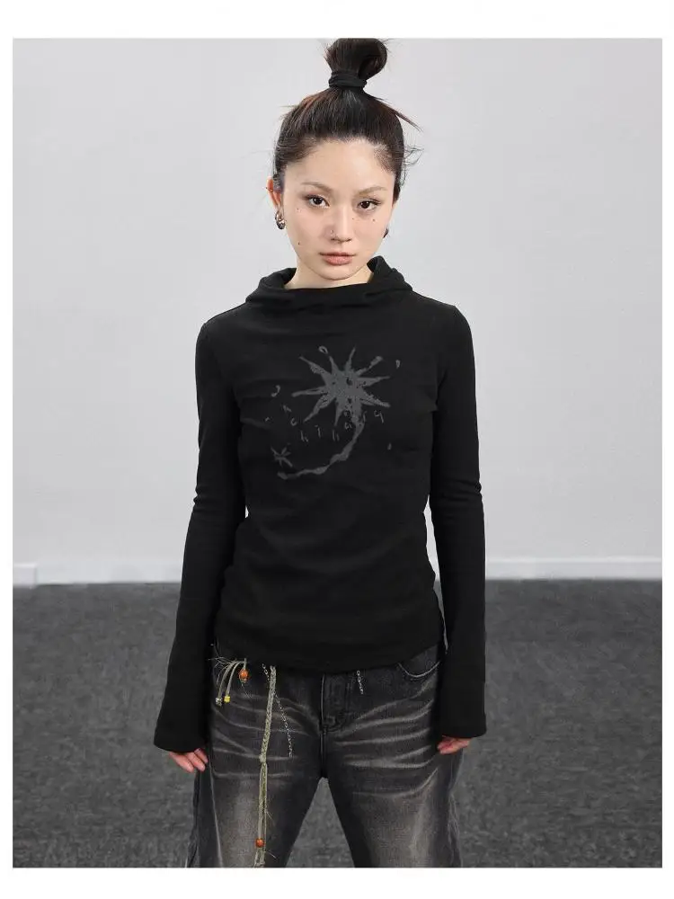 Tonngirls Gothic Print Graffiti T Shirt Women Turtleneck Long Sleeve Tee Tops Y2k Vintage Tops 2000s Japanese Streetwear Tshirts