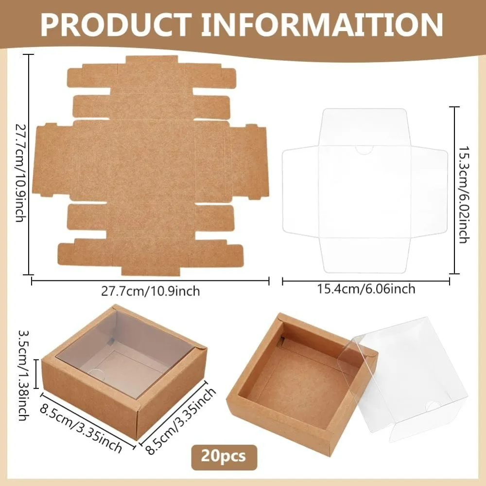 20Pcs 3.3&times;3.3&times;1.3Inches Brown Square Paper Boxes with Clear PVC Window Paper Favor Treat Boxes for Wedding Favor Festival Gift