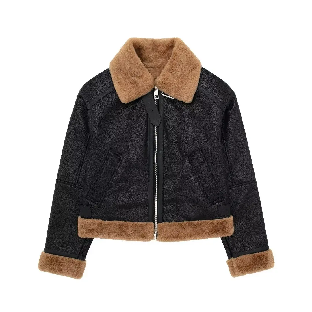 

Women New Fashion Buckle decoration two-sided Fur Faux Leather Jacket Coat Vintage Long Sleeve Zipper Female Outerwear Chic Tops
