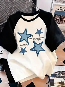 Y2K Hip Hop Blue Star Print Letter Print Crew Neck T-Shirt Casual Short Sleeve Top for Spring Summer Women's Clothing 1