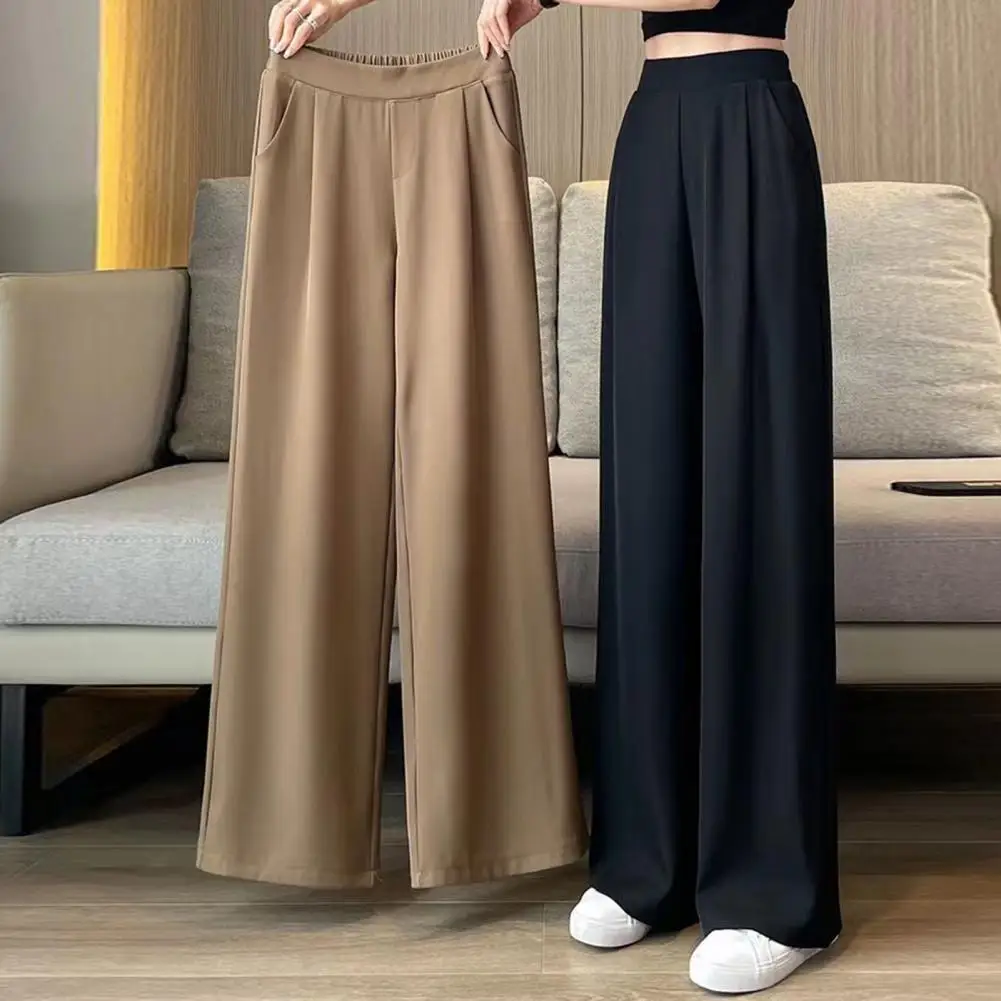 Women's Pants Summer Pockets Wide Leg Pants Full Length Casual Solid White Loose High Waist Straight Trousers Women