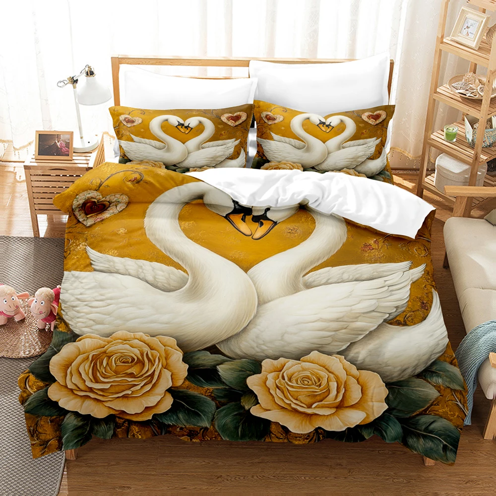 Rose Golden Swan Print Pattern Polyester Bedding Set - Soft and Comfortable,  Home Decoration,King,Queen Size,Valentine's Day