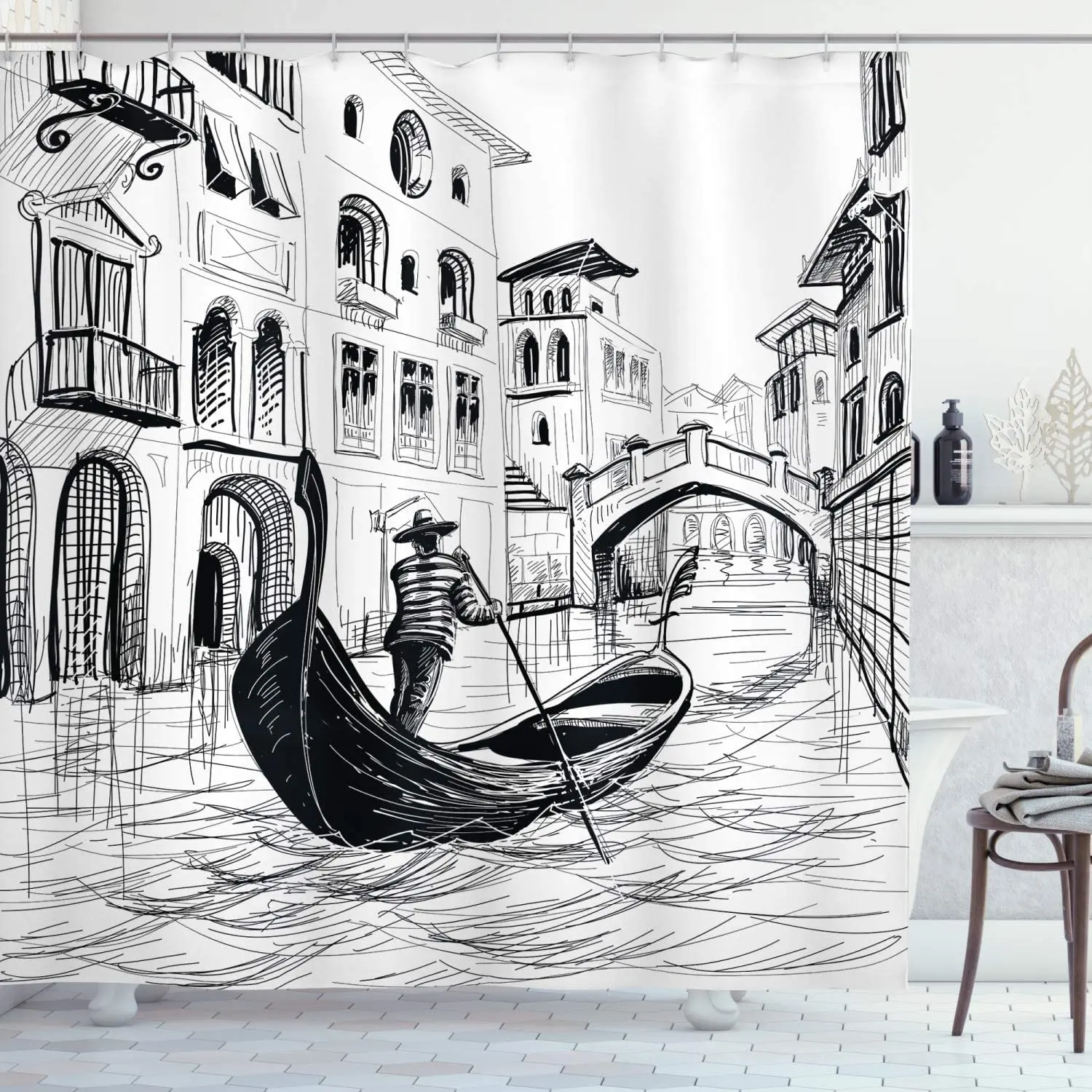 

Sketchy Shower Curtain, Gondola in Venice European Famous Canal History Mediterranean Holiday Image, Cloth Fabric Bath