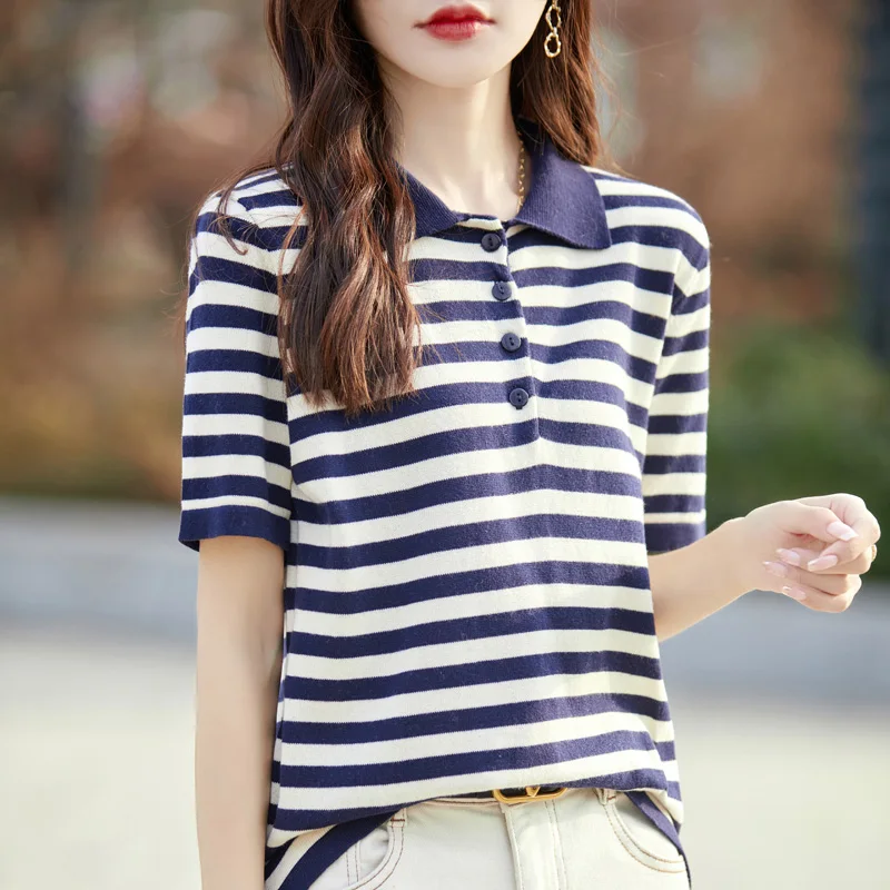 

Polo Neck Women's Striped Contrasting Knitted Short Sleeve Summer Cotton Thread T-shirt 2024 New Loose Versatile Thin Pullover