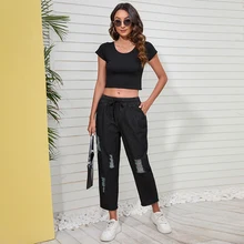 

Women Jeans Office Lady Temperament Water Washed Hole Black Mid Waist Drawstring Elastic Waist New Straight Ankle Length Jeans