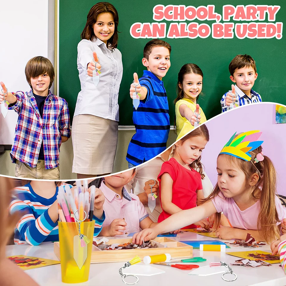 Set Portachiavi Acrilici Vuoti - 120 Pezzi, Con Catena E Nappe, Per Fai Da Te, 3x7cm - Foto 14