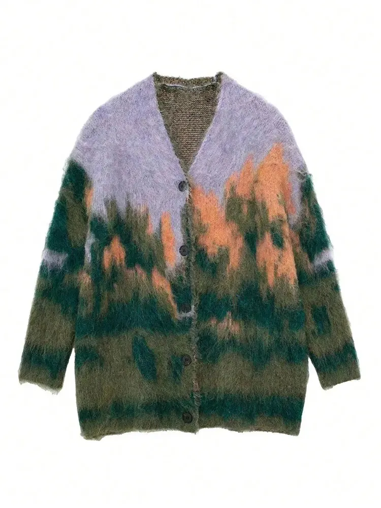 HH Women Colorful Print Long Cardigan Single Breasted V Neck Knitted Sweater Coats Autumn Loose Casual Maternity Outfit
