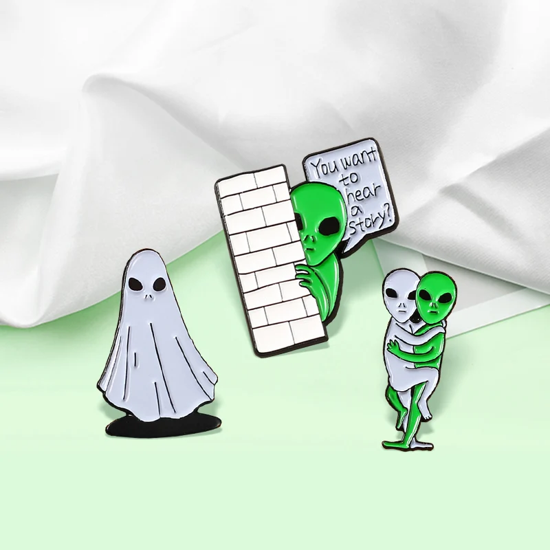 Alien Ghost Friend 'Vuoi Sentire Una Storia? 'Spille Green Alien Et Ufo Space Ghost Spille Smaltate Distintivi Per Regalo Di Gioielli Per Bambini