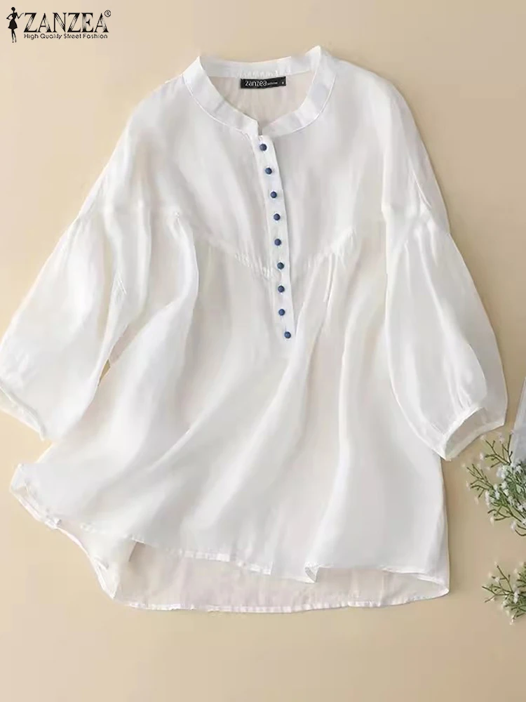 

ZANZEA 2023 Dropped Shoulder Contrast Shirt Summer Women Elegant Blouse Solid Stand Collar Puff Sleeve Top 3/4 Sleeve Blusas