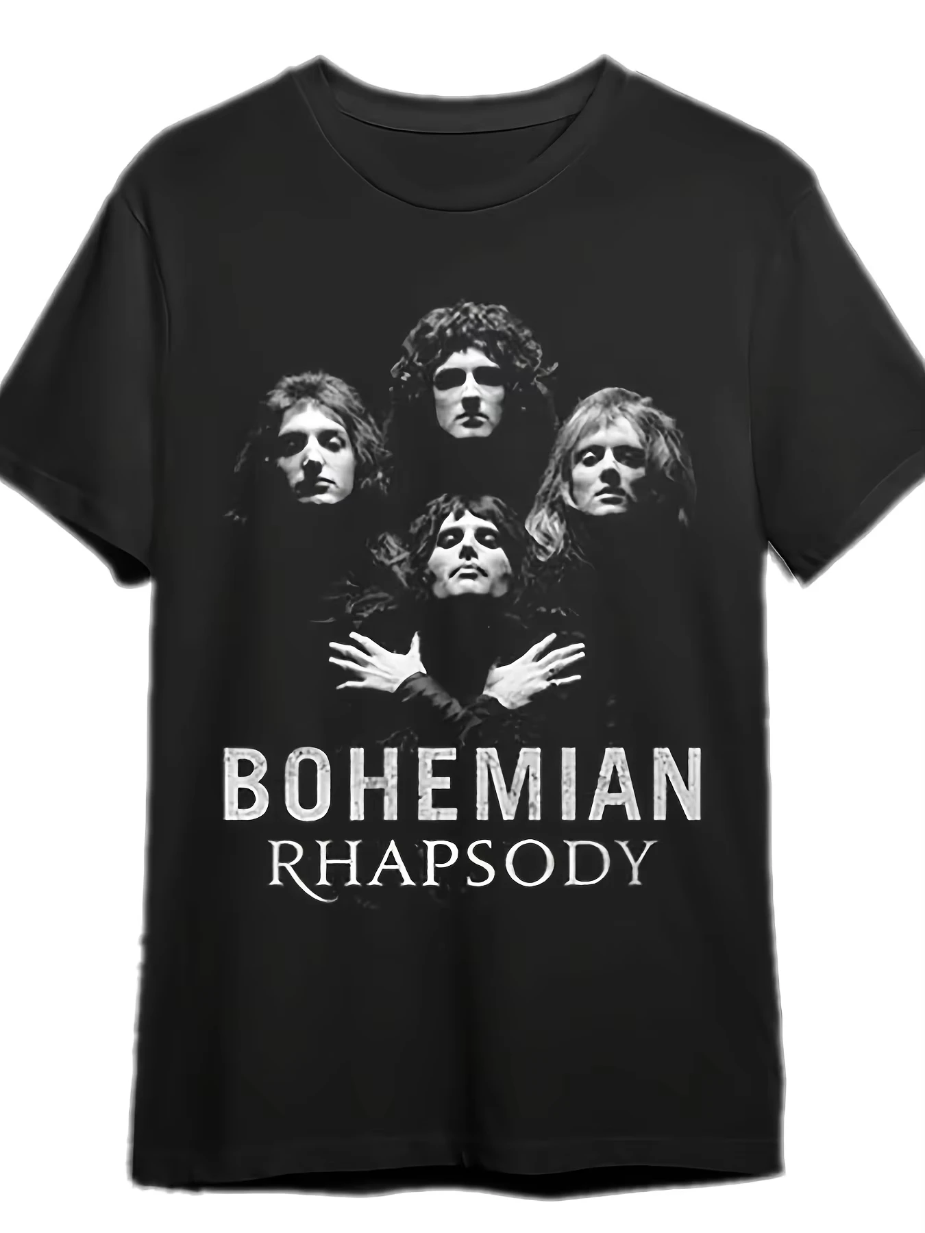 Sommerliches Herren-T-Shirt in Schwarz mit kurzem Arm, Bohemian Rhapsody Band-Porträtdruck, lässiger Rundhalsausschnitt, atmungsaktives Rock-Musik-T-Shirt.