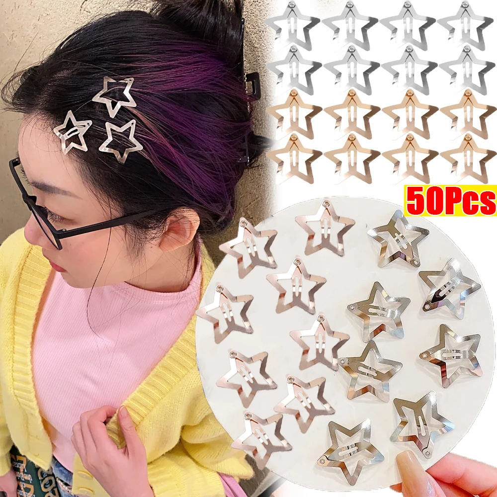 

50PCS/lot Y2K Star Hairpins Women Girls BB Metal Pentagram Hairgrip Headwear Clips Gold Filigree Barrettes Jewelry Wholesale