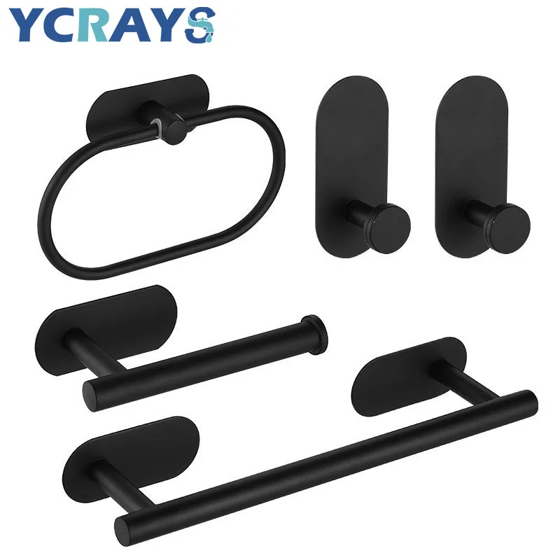 No Drilling Black Bathroom Accessories Sets Toilet Tissue Roll Paper Holder Towel Rack Bar Rail Ring Robe Clothes Hook Hardware paper towel holder,toilet paper holder,towel hook,bathroom hardware set,bathroom hardware accessories,clothes hook