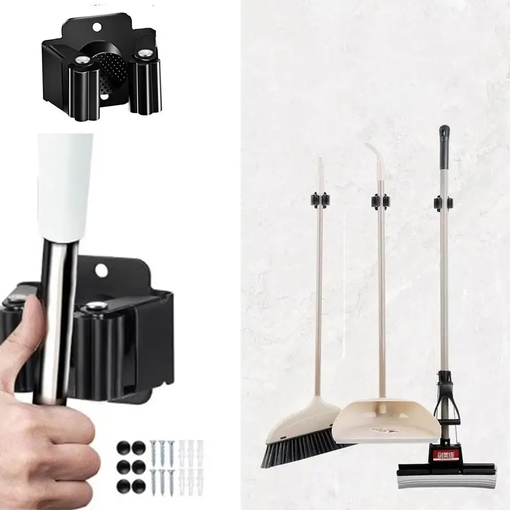 4Pcs Wall Mounted Mop Broom Holder with Screws Waterproof Mop Storage Clips Rack Anti-slip Hanging Brush Broom Hanger Home