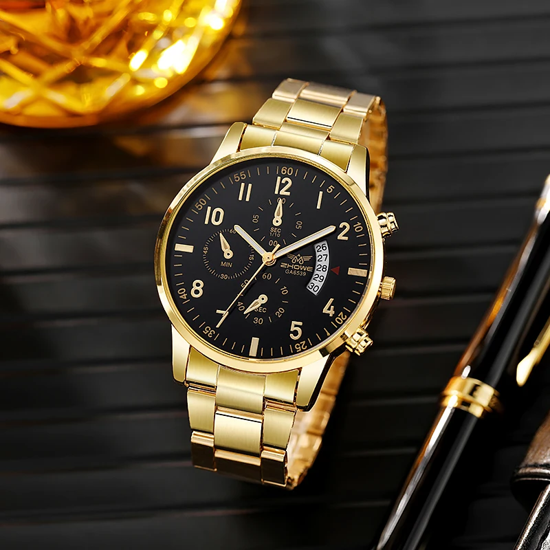 

High Quality Men Complete Calendar Wristwatch 2022 New Fashion Golden Stainless Steel Quartz Watch Male Casual Military Clock