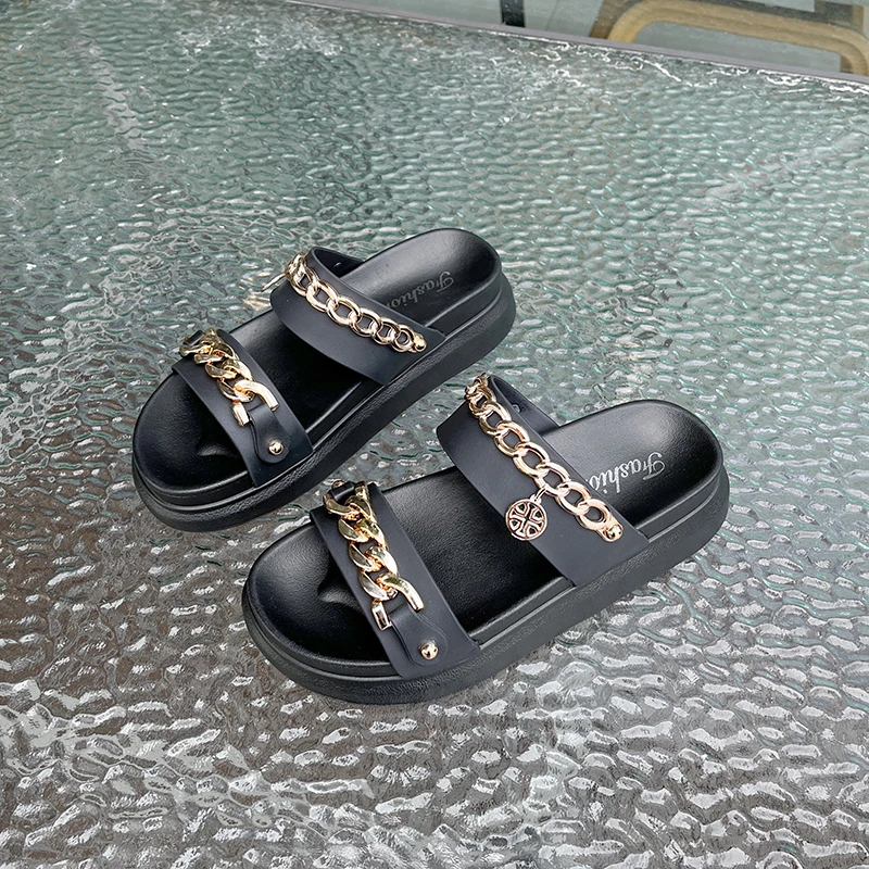 

Шлепанцы женские с заклепками, украшение цепей, Двухдиапазонные, золотистые пляжные тапочки в стиле ретро, тапочки для кексов, летняя обувь