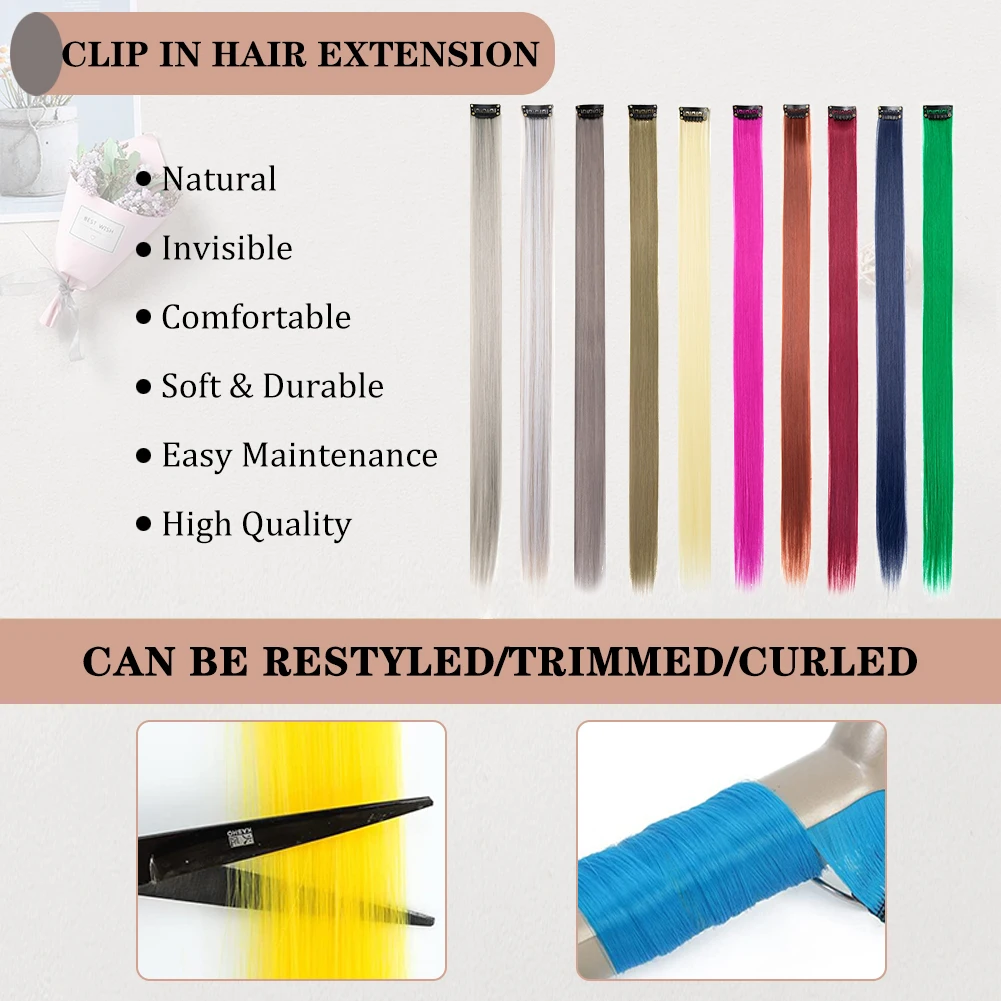 Extensions de Cheveux Synthétiques à Clips Colorés pour Femme, Postiches Droites Arc-en-Ciel, ixCosplay, Noël, Nouvel An, 22 Pouces, 10 Pcs