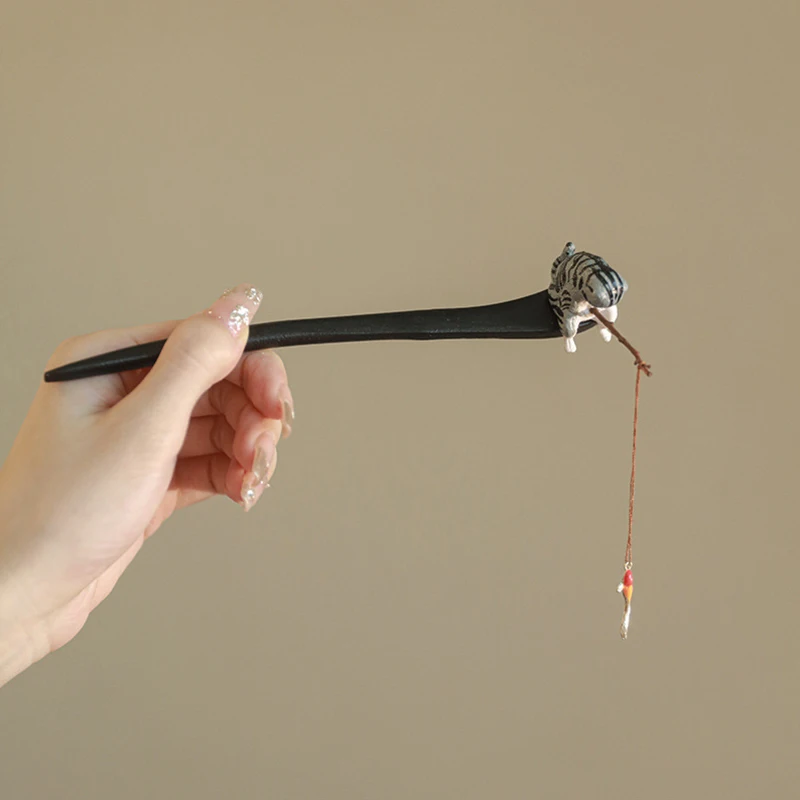 Chinese Style Wooden Hair Stick Cute Cat Fishing Tassel Hairpin Chopstick Jewelry Women Girls Hair Accessories Headwear Gift