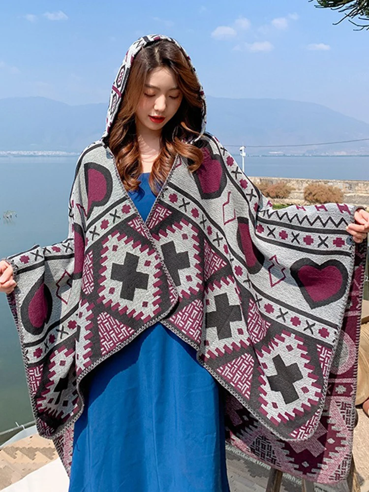 Imitation Cashmere Elegant Women Scarf Winter Hooded Poncho Warm Female Boho Thick Wrap Blanket Capa Para Mujer Pashmina Shawls