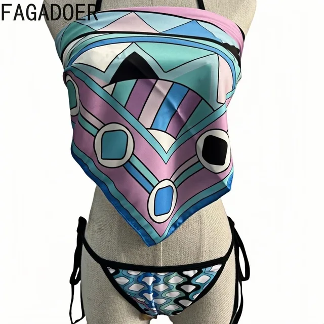 FAGADOER Sexy Bikinis Set 3 Piece Swimwear Woman 2025 Geometry Pattern Halter Backless Patchwork Tops +Underpants+ Lace Up Skirt 5