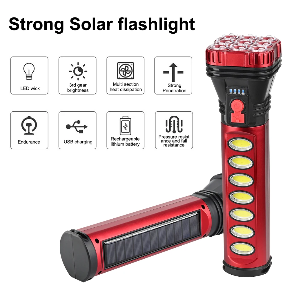 

USB Solar Power Flashlight Waterproof LED COB Torch Outdoor Work Light Portable Emergency Lamp Power Bank Function Travel Light