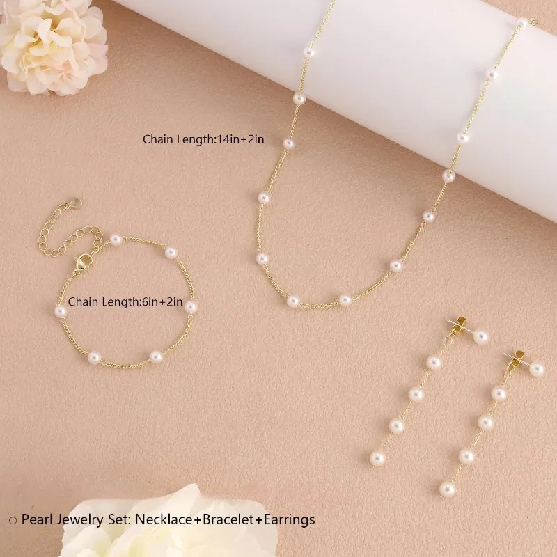 Gold Jewelry Set for Women, Dainty 14K Gold/Silver Plated Pearl Necklace and Earring Set with Drop Earrings Bracelets Necklace - 5
