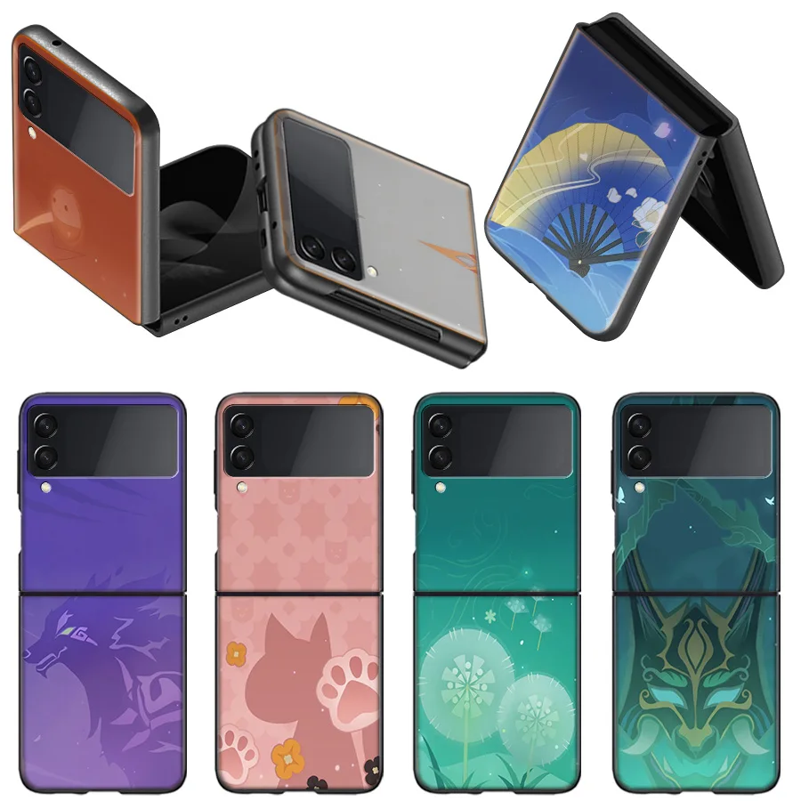 Genshin Impact Icon Custodia Trasparente Trasparente Per Samsung Z Flip 5 Flip 4 3 5G Black Hard Cell Phone Galaxy Cover Z Flip 5 4 3