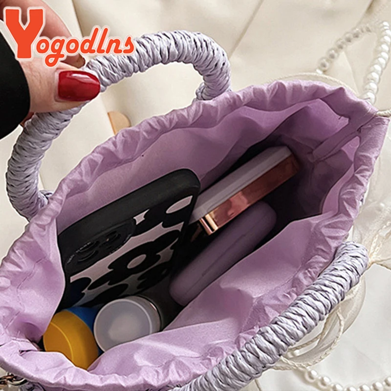 Bow Straw Bag For Women Pearl Strap Lady Beach Bag Woven Handmade Shoulder Bag Bohemia Top-handle Bag Ladies Baskets