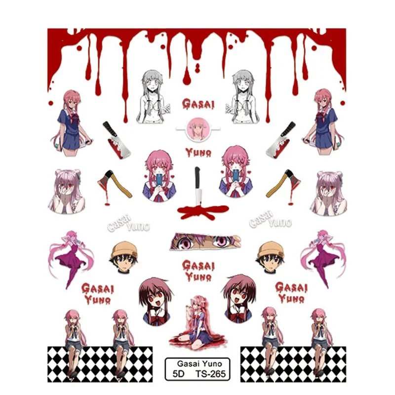Gasai Yuno Anime Nail Stickers Otaku Nail Art Knife Gasai Yuno Self Adhesive Art Accessories Manicure Sticker for Nails