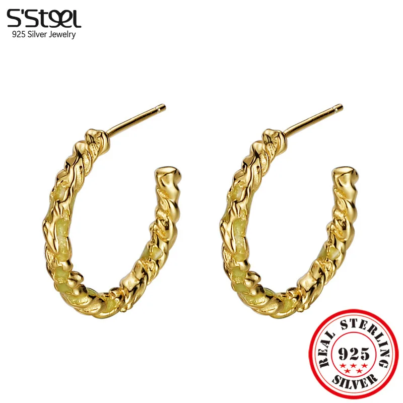 

S'STEEL Genuine 925 Silver Enamel Twists Sweet Circle Stud Gold Earrings Women's Vintage Designer Hypoallergenic Promise Jewelry