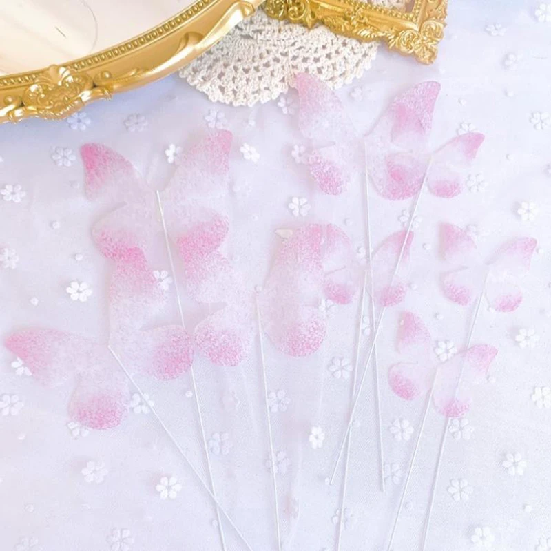 10Pcs Pink Chiffon Butterflies Cake Toppers For Happy Birthday Valentine