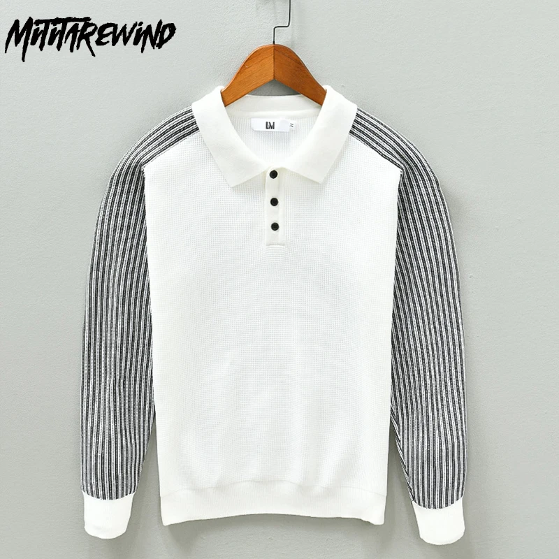 

Autumn Mens Sweaters Korean Style Daily Casual New in Knitwears Cotton Stripe Sleeve Patchwork Design Pullover Sweater Fashion